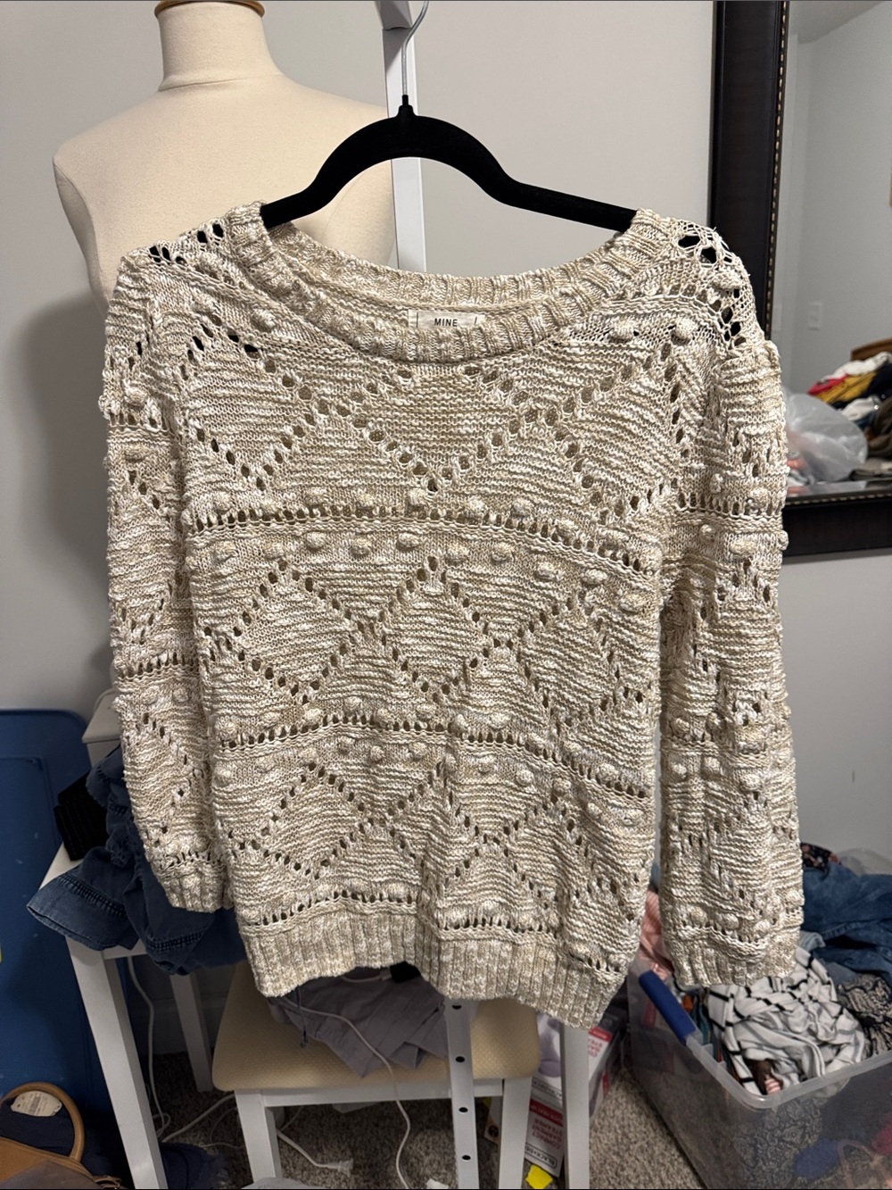 MINE Beige Open-Knit Diamond-Pattern Sweater